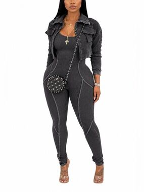 Chic Ribbed Jumpsuit with Cropped Jacket Set